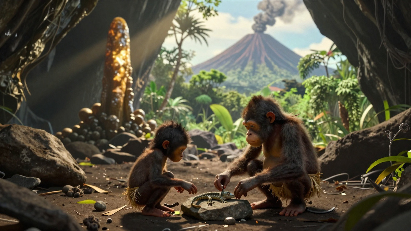 Dois jovens macacos jogam um jogo de pedras numa caverna, com um vulcão em erupção ao fundo.