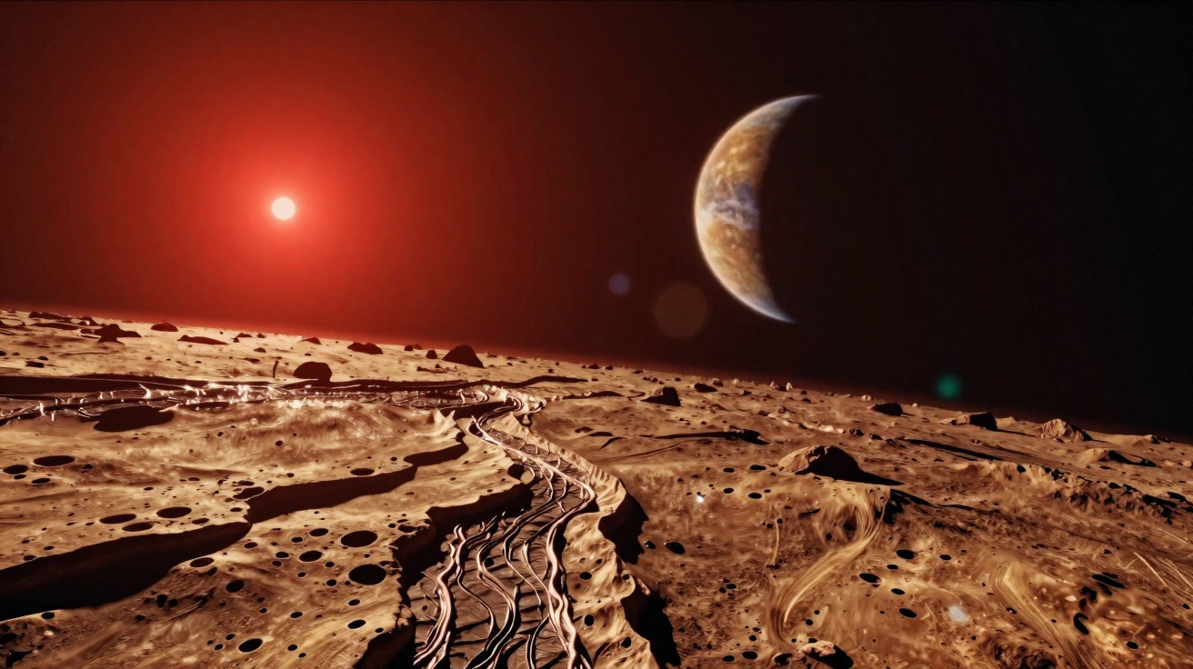 Superfície lunar com crateras e trilhos, vista da Terra e do Sol vermelho ao fundo.