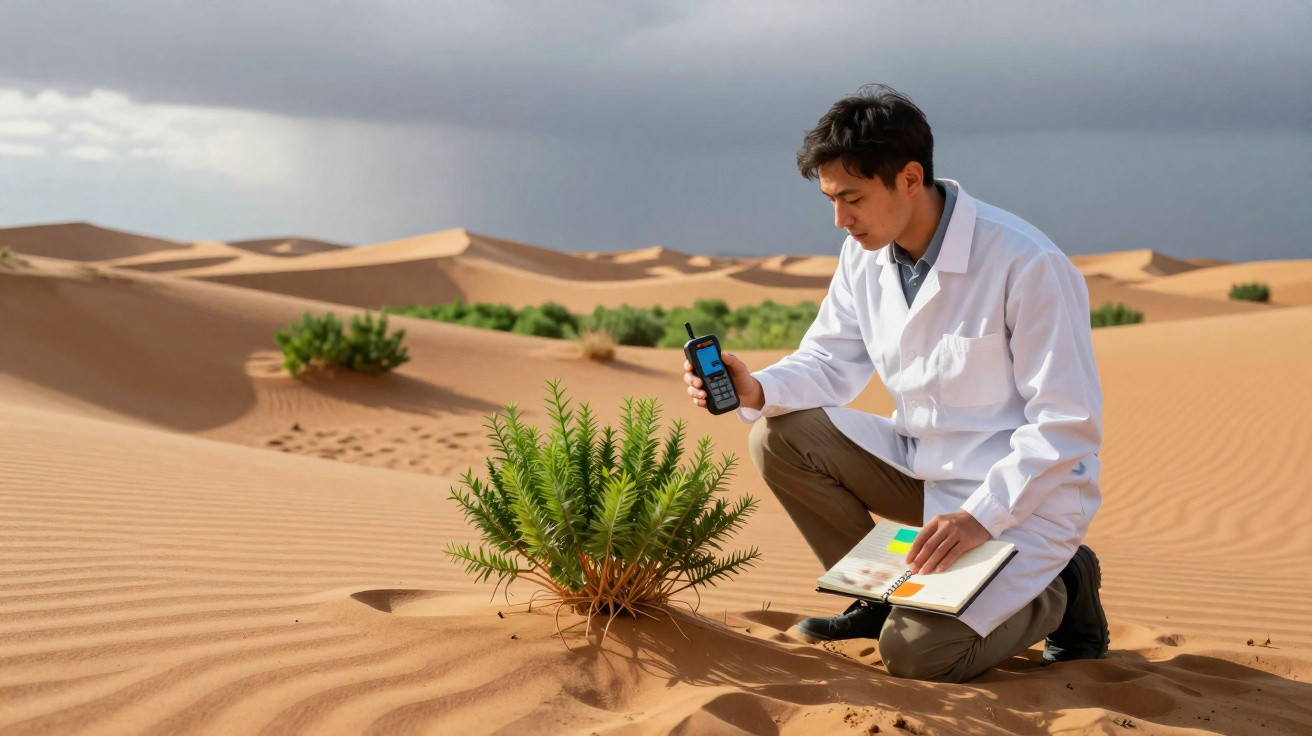 Cientista em bata branca examina planta no deserto com dispositivo e caderno de anotações.