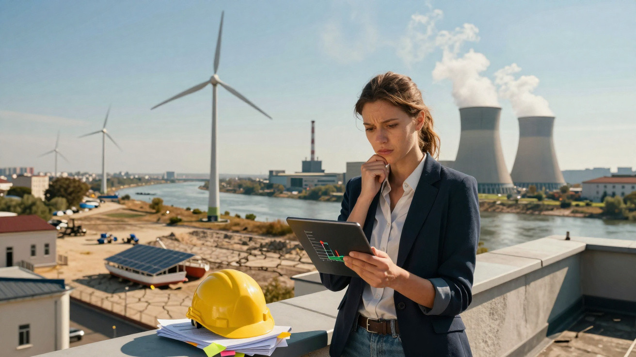 Mulher analisando dados num tablet com turbinas eólicas e central nuclear ao fundo.
