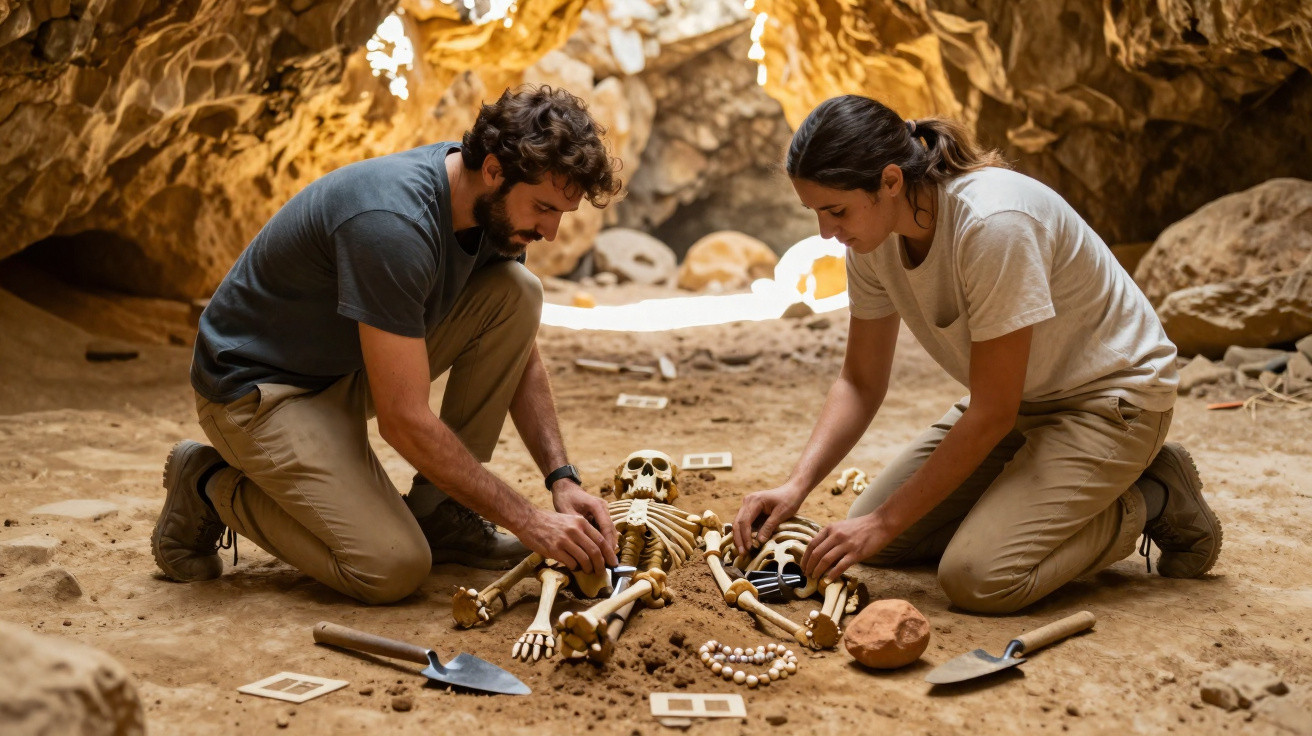 Dois arqueólogos examinando um esqueleto humano numa escavação dentro de uma gruta.