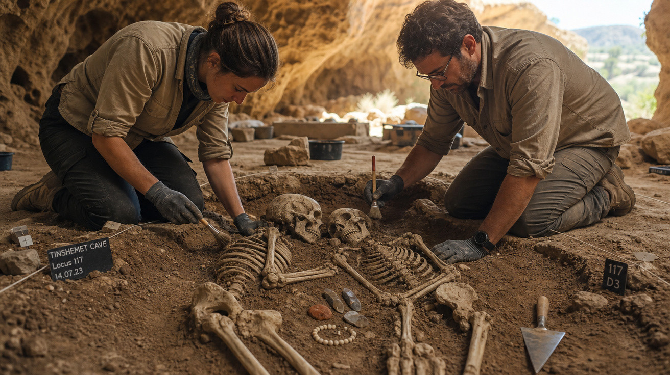 Dois arqueólogos escavam dois esqueletos humanos numa caverna com ferramentas específicas.