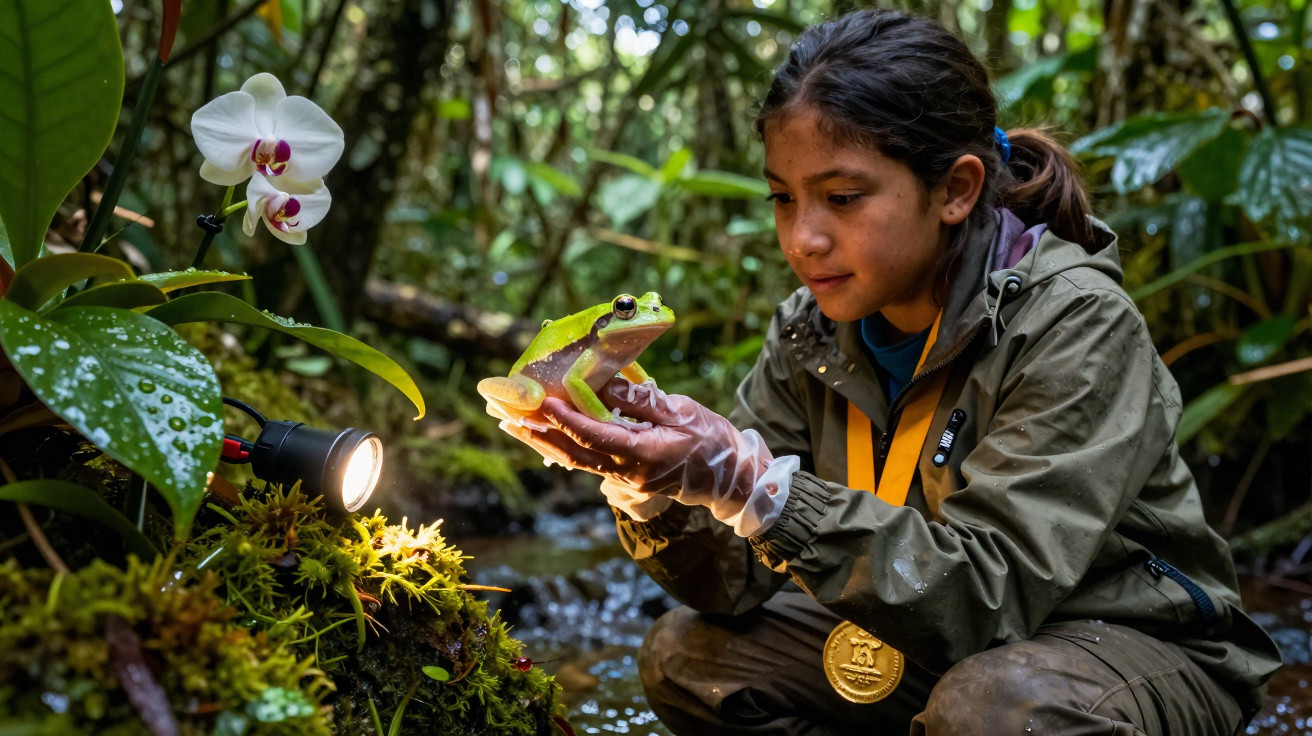 Jovem com medalha observa uma rã verde segurando-a com luvas num ambiente de floresta húmida.