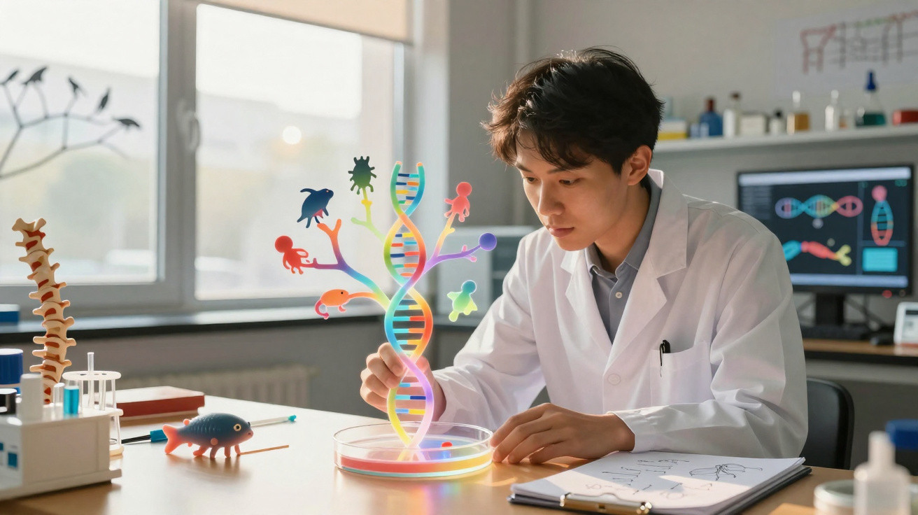 Cientista a analisar modelo holográfico de ADN com várias formas de vida numa mesa de laboratório.