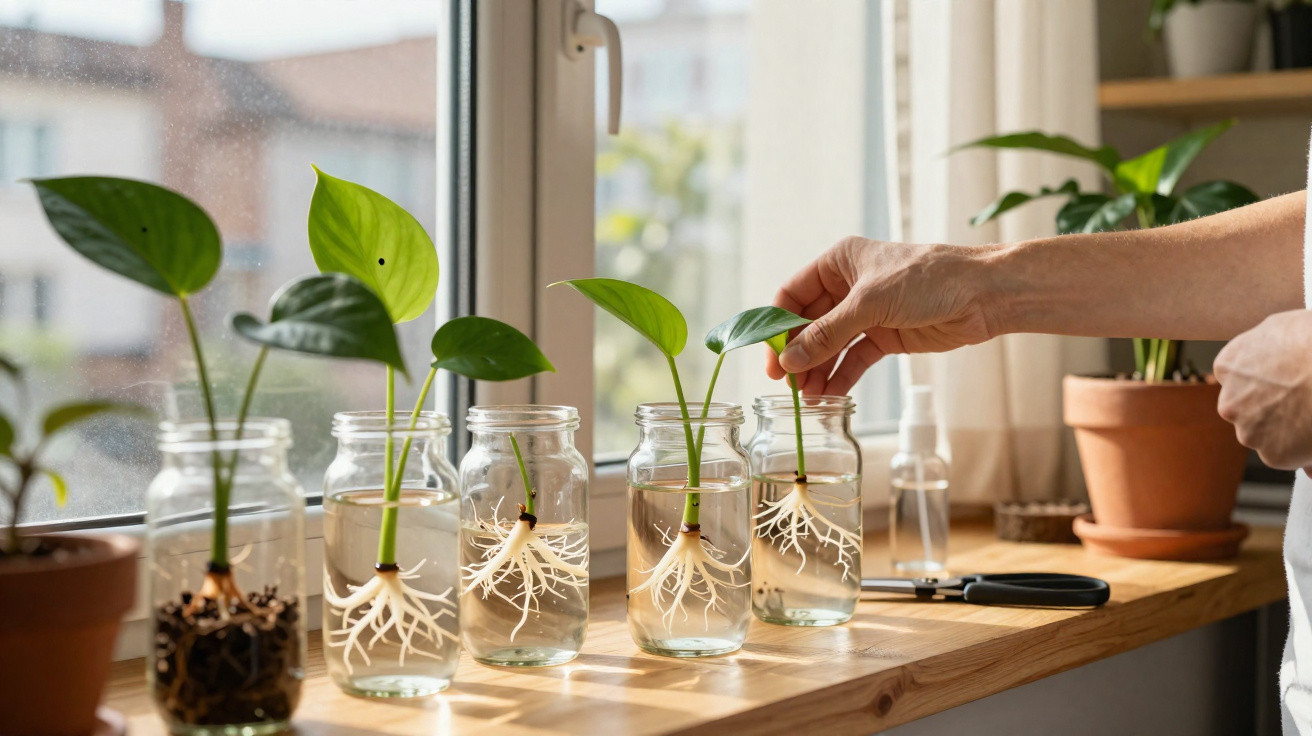 Mãos a cuidar de estacas de plantas com raízes em frascos de vidro cheios de água numa janela iluminada.