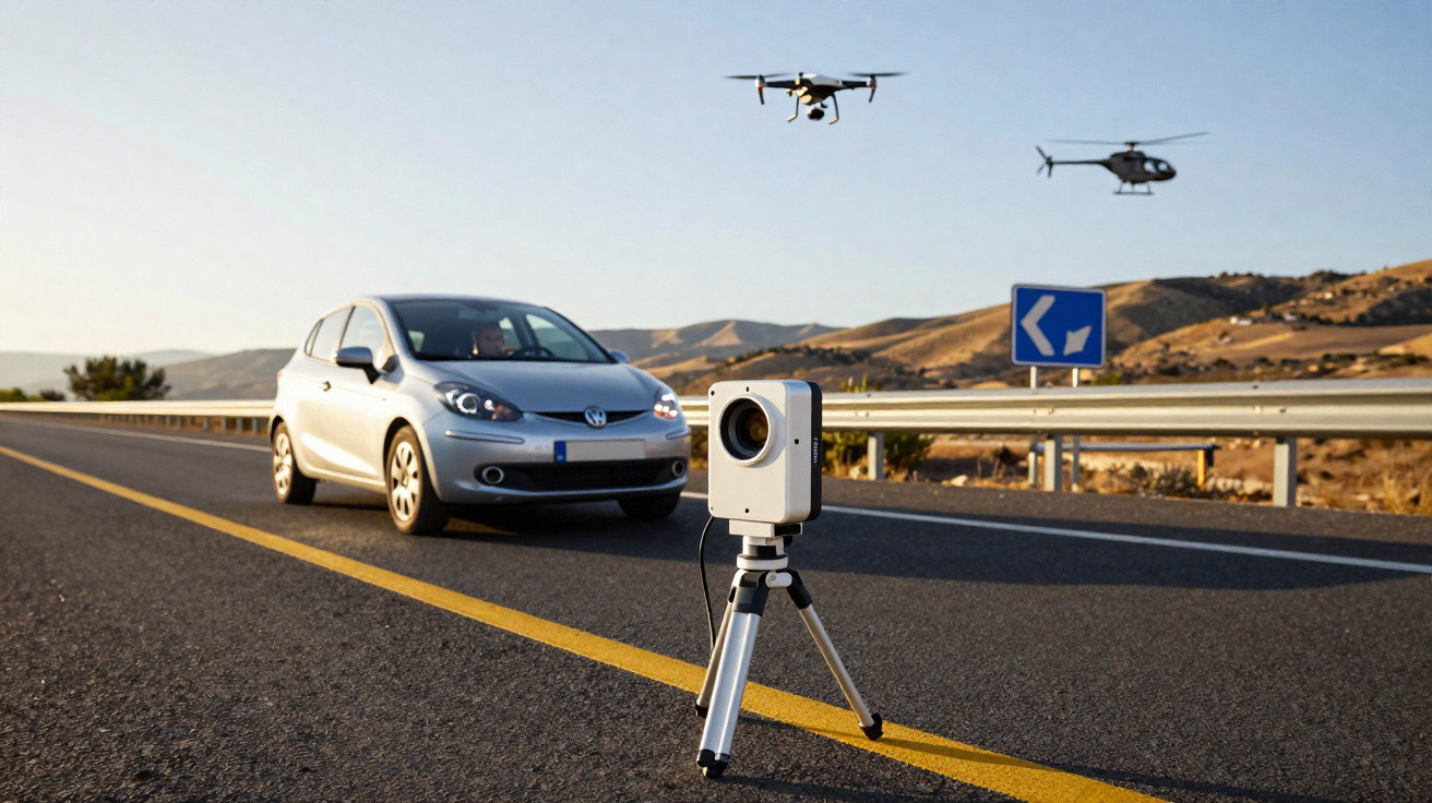 Carro cinzento a circular numa estrada com radar de velocidade e drones a sobrevoar o local.