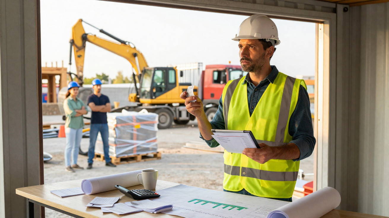 Engenheiro de obra com colete e capacete a analisar documentos numa obra com maquinaria e operários ao fundo.