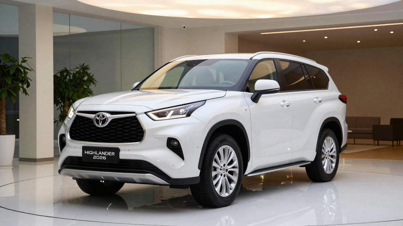 Carro SUV Toyota Highlander 2026 branco exibido num showroom moderno com iluminação interior.
