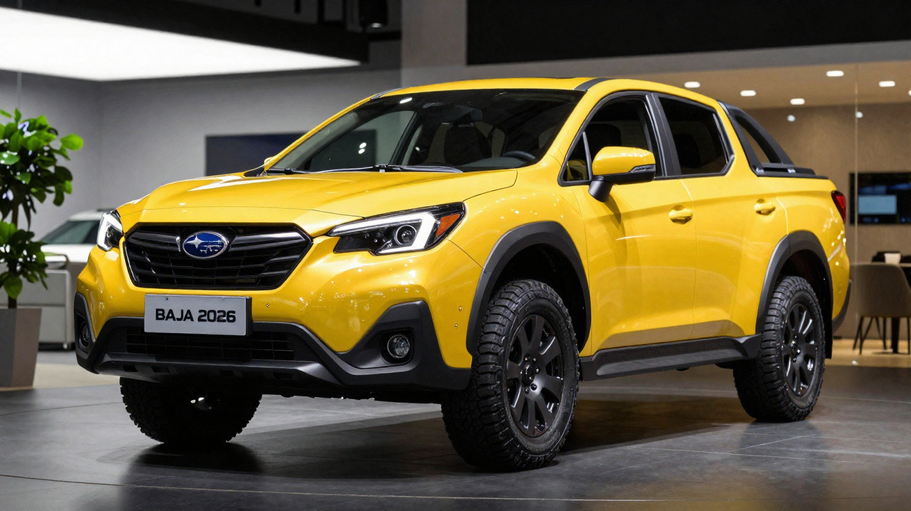 Pick-up Subaru Baja 2026 amarelo exibida em salão automóvel interior.