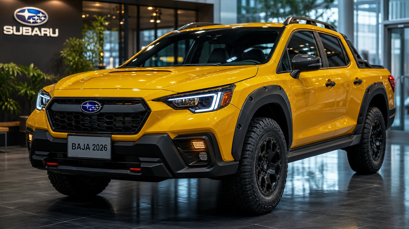 Carro pickup Subaru Baja 2026 amarelo em exposição numa sala moderna com luzes refletidas no piso.