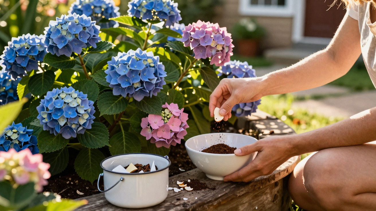 Pessoa a semear sementes em vaso, junto a flores hortênsias azuis e rosas num jardim soalheiro.