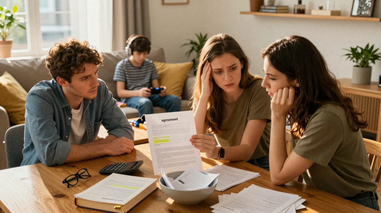 Três adultos preocupados a analisar documentos numa mesa com um jovem ao fundo a jogar videojogo.