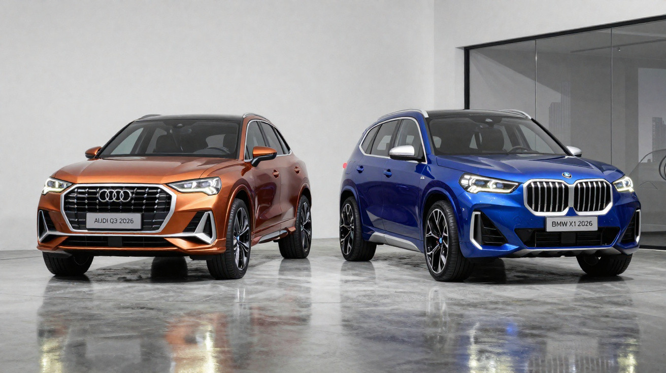Dois SUV modernos estacionados em piso polido, um Audi Q3 laranja e um BMW X1 azul, em ambiente interior minimalista.