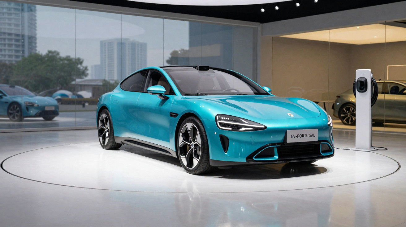 Carro elétrico azul exibido em showroom moderno com estação de carregamento visível ao lado.