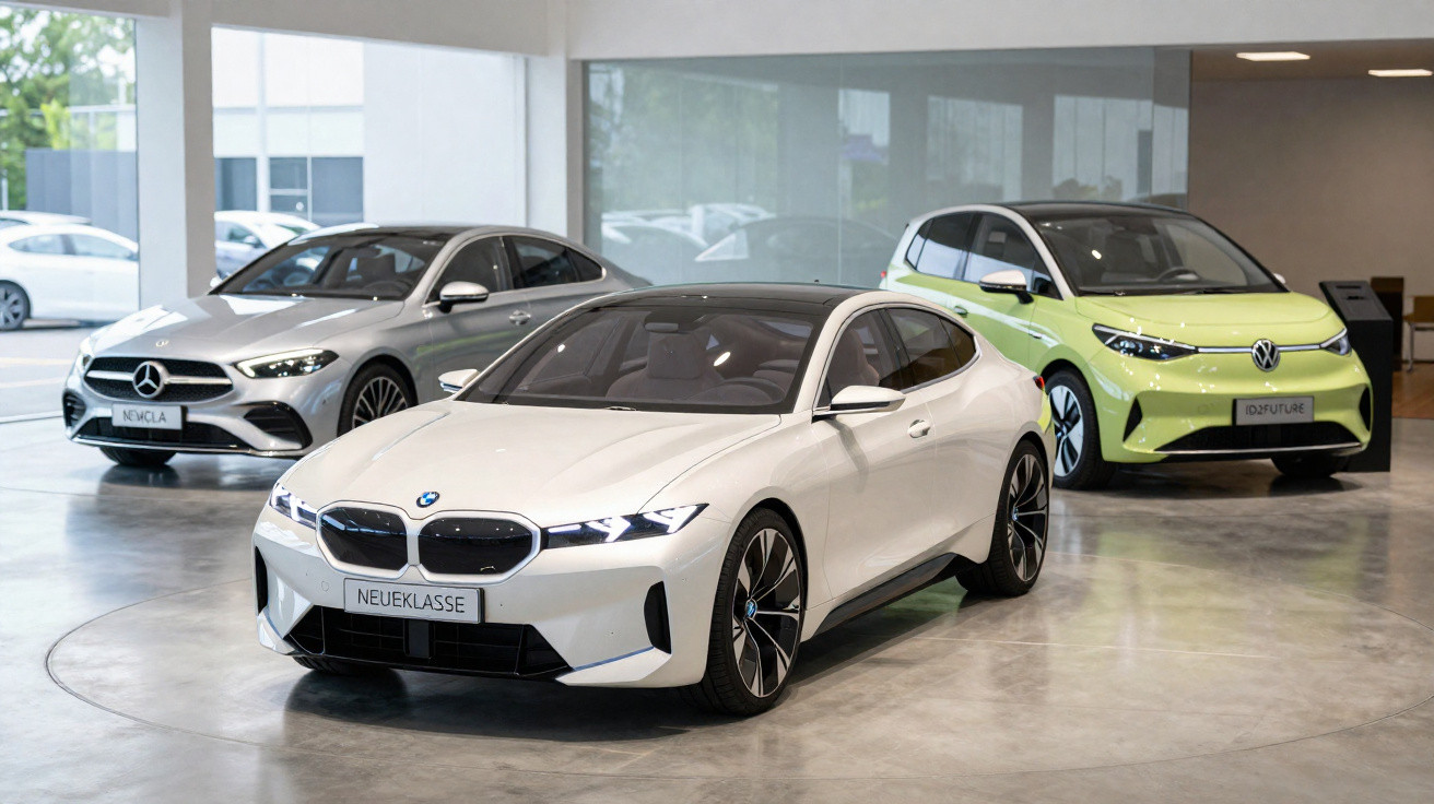 Interior de concessionário com três carros elétricos BMW, Mercedes-Benz e Volkswagen estacionados lado a lado.
