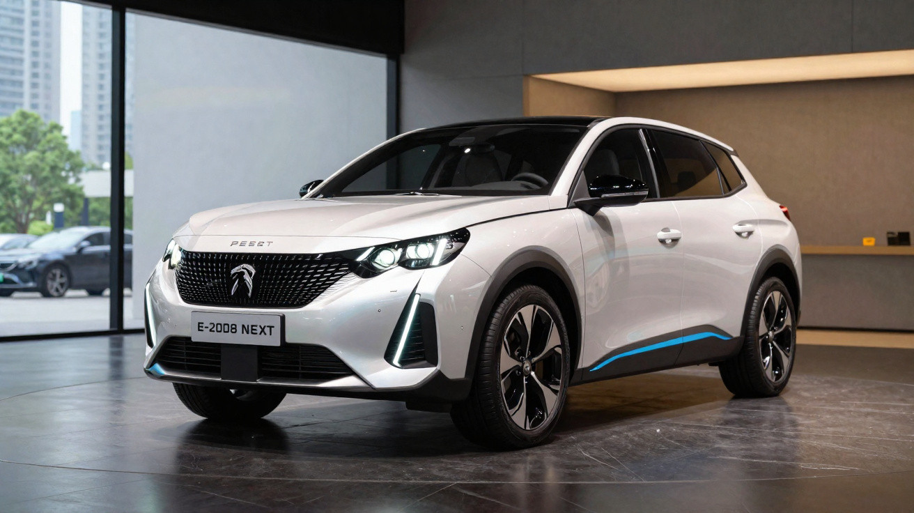 Peugeot E-2008 Next branco estacionado em ambiente interior moderno com luzes ligadas.