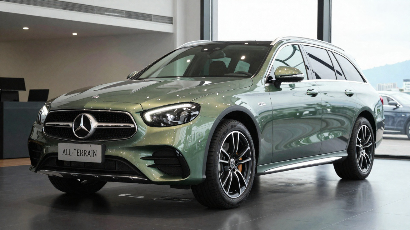 Mercedes-Benz All-Terrain verde em exposição numa sala moderna com janelas amplas.