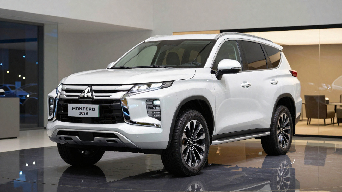 SUV Mitsubishi Montero 2026 branco, apresentado em showroom, vista frontal em ângulo.
