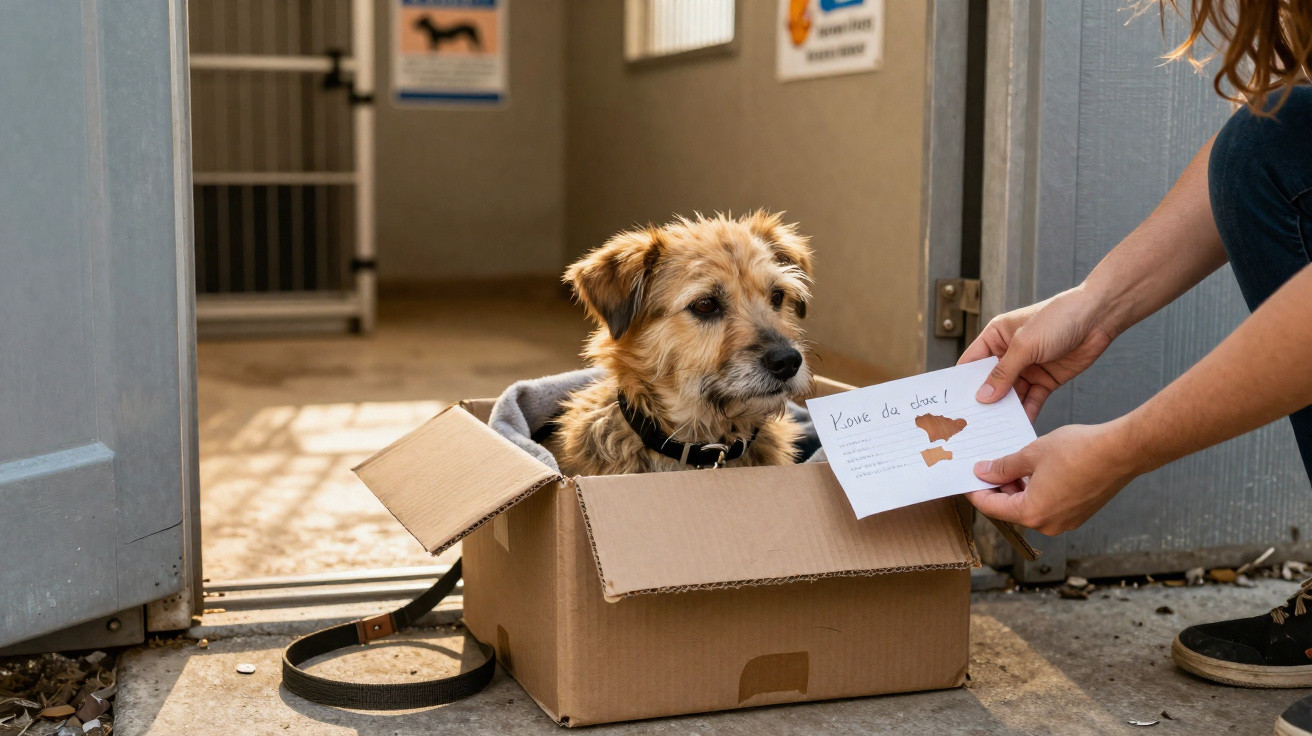 Cão a olhar para uma pessoa que segura um cartão junto a uma caixa de cartão numa sala de abrigo.