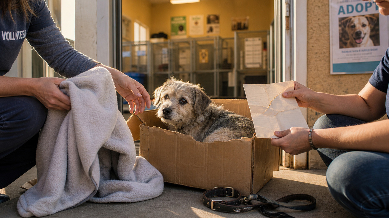Cão perdido numa caixa de cartão rodeado por voluntários num abrigo de animais.