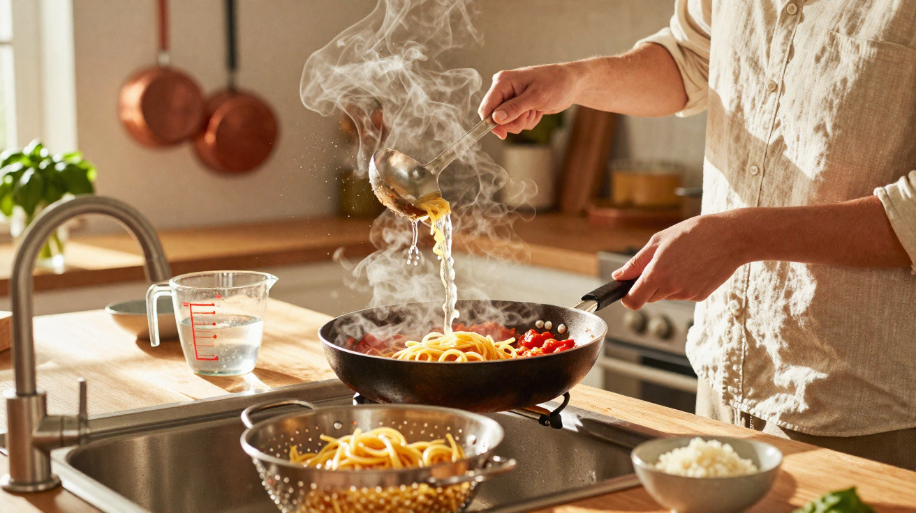 Pessoa a cozinhar esparguete numa frigideira numa cozinha moderna com utensílios ao fundo.