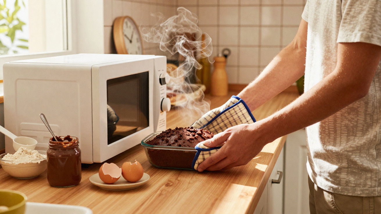 Pessoa a tirar bolo de chocolate quente do micro-ondas numa cozinha iluminada e organizada.