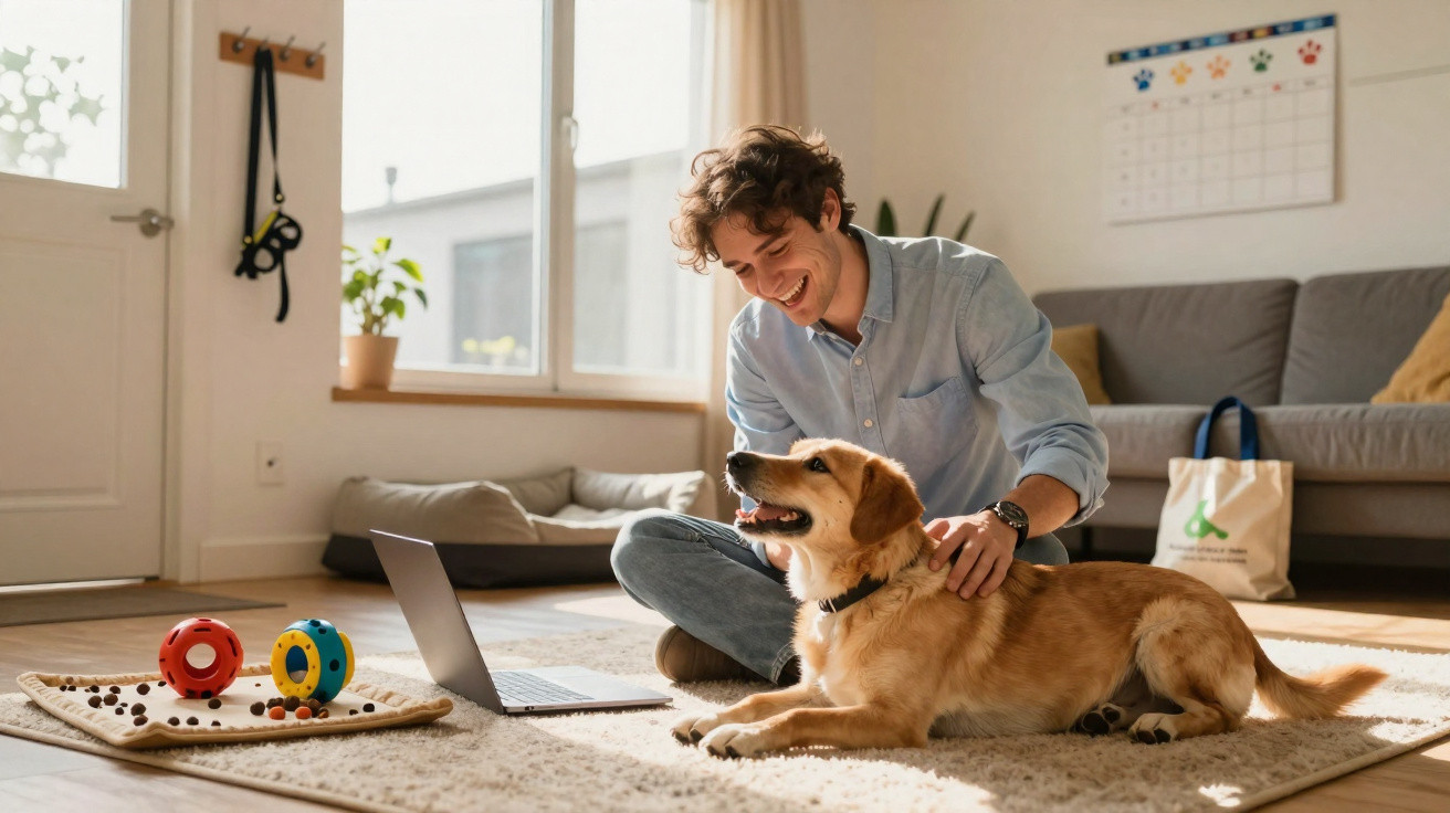 Homem alegre sentado no chão a brincar com cão dourado em sala iluminada com laptop aberto.