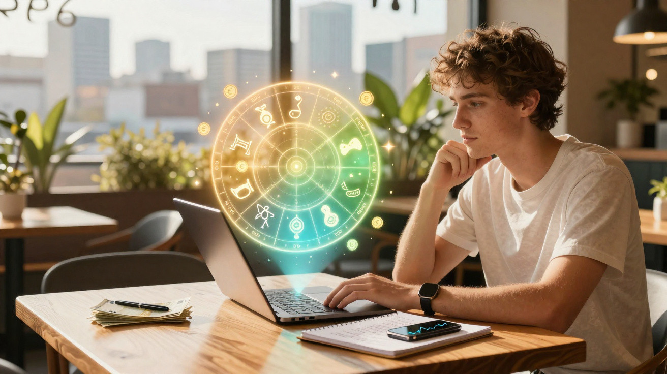 Jovem a usar computador com signos do zodíaco holográficos num ambiente moderno de café.