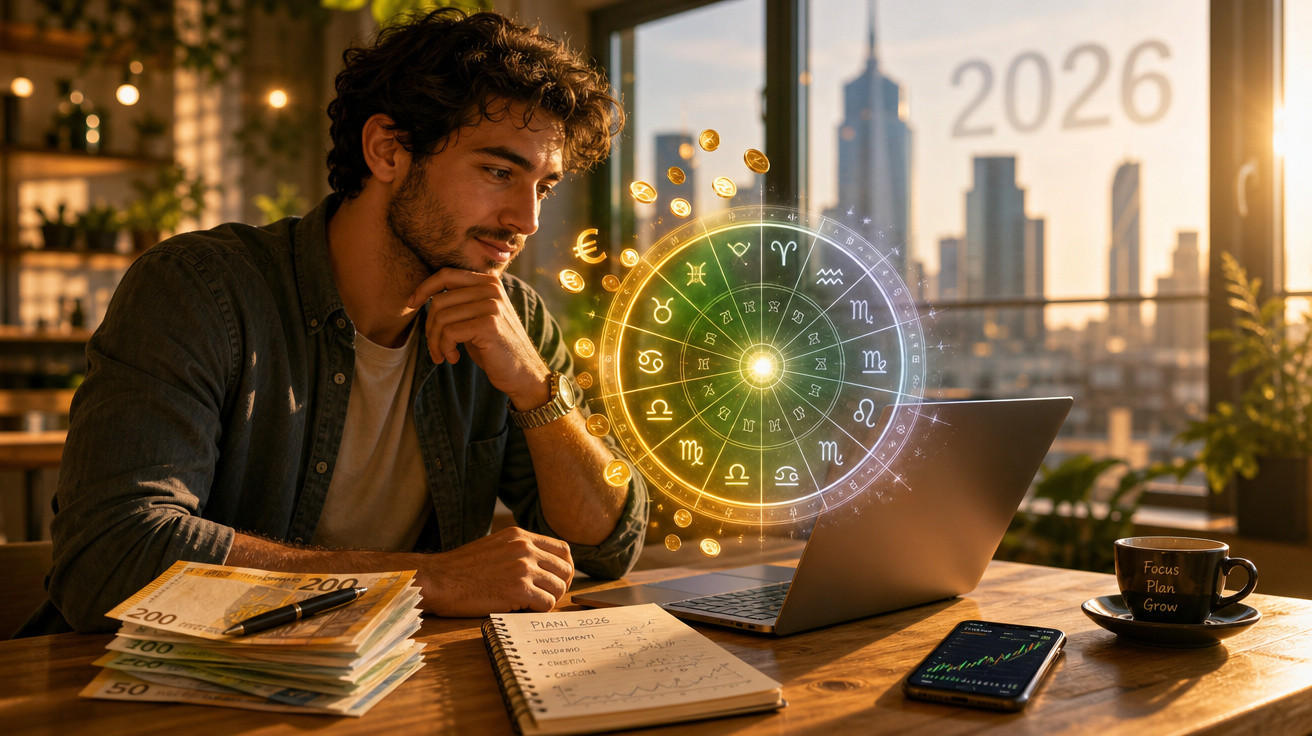 Homem a analisar mapa astrológico e finanças no computador, com notas e dinheiro sobre a mesa.