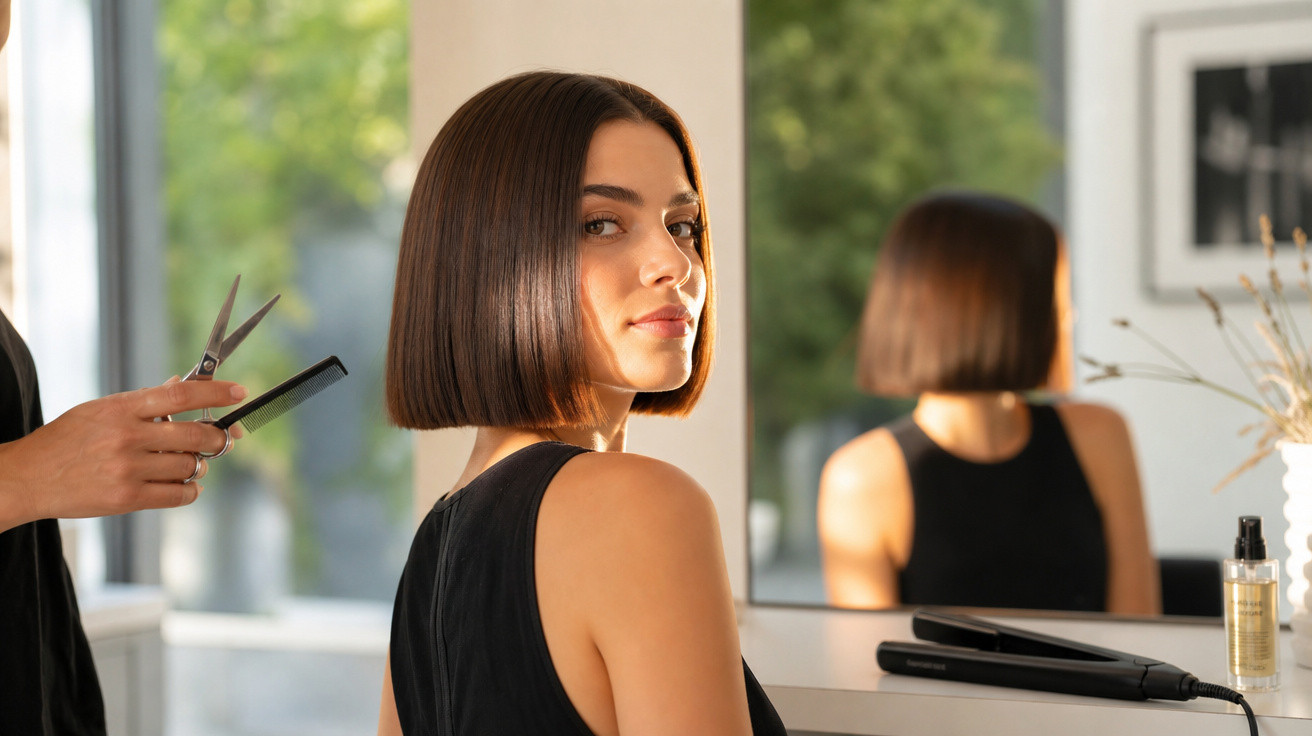 Mulher com cabelo curto e liso a ser cortado num salão, sentada em frente a um espelho.