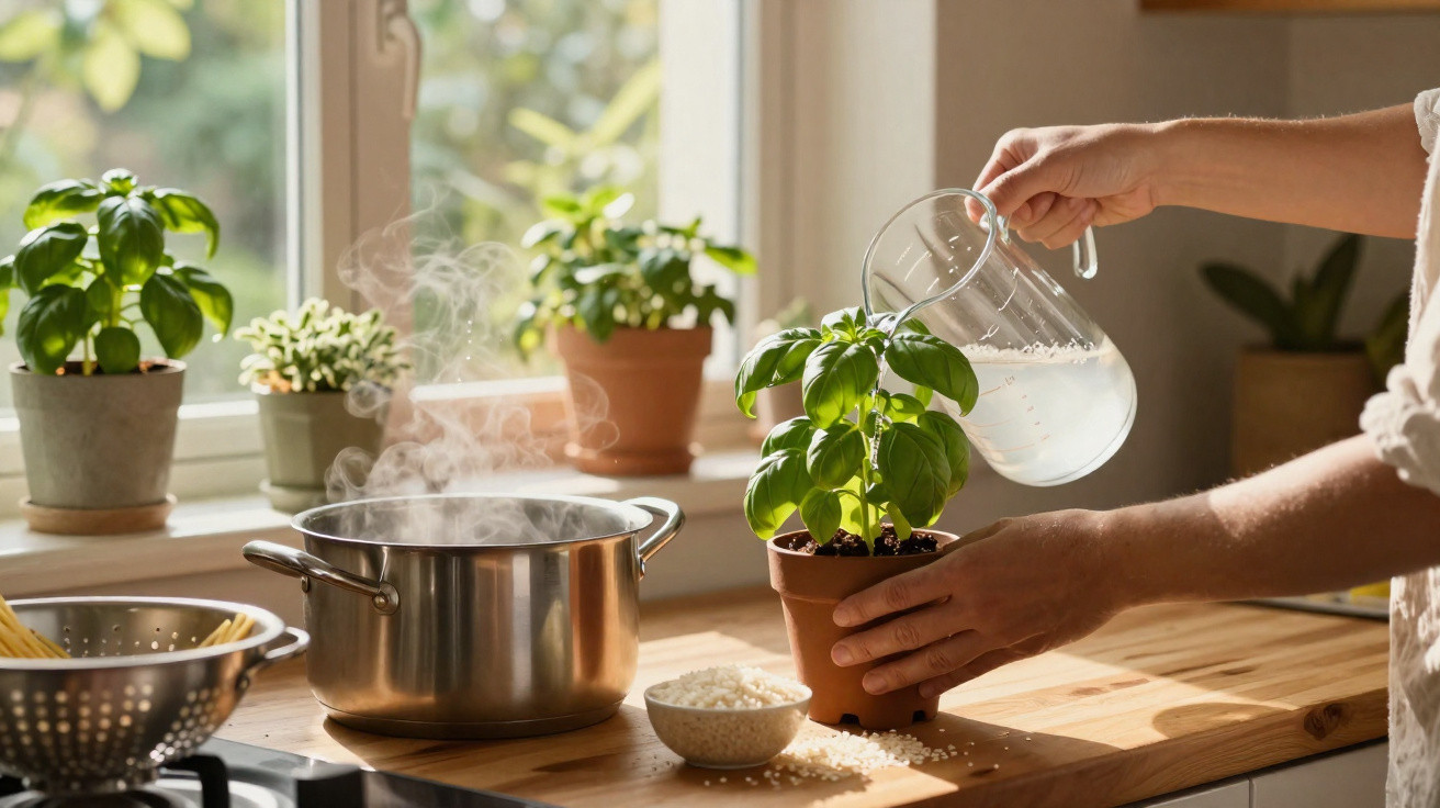 Pessoa a regar planta em vaso na cozinha ao lado de tacho a ferver com vapor junto à janela.