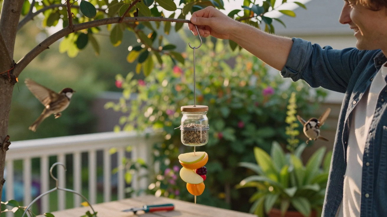 Pessoa a pendurar comedouro artesanal com sementes e frutas para pássaros num galho de árvore.