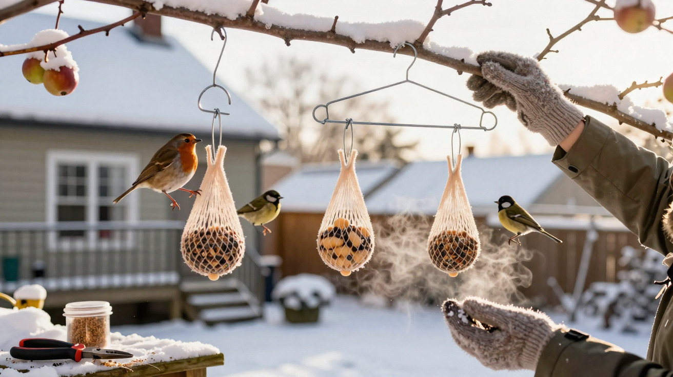 Pássaros alimentam-se em redes de sementes penduradas numa árvore coberta de neve, em cenário de inverno.