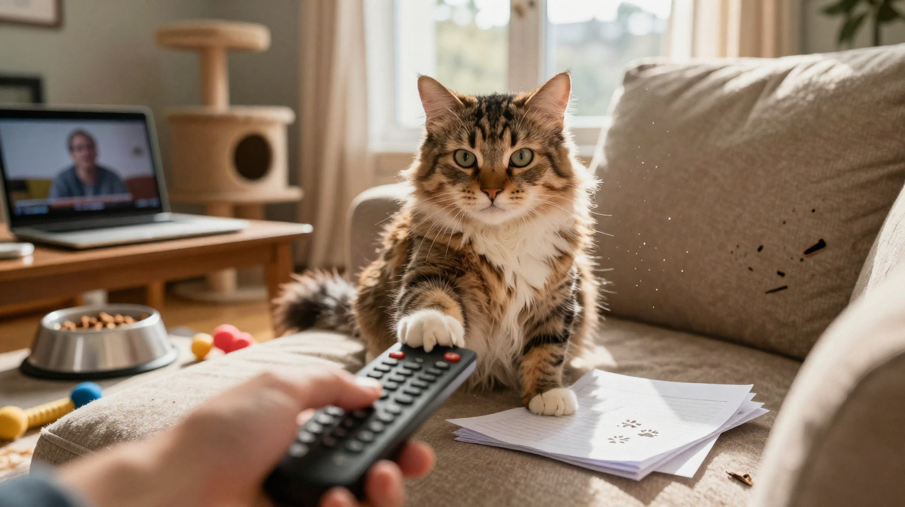 Gato sentado no sofá a tocar num comando remoto enquanto um humano lhe oferece o controlo da televisão.