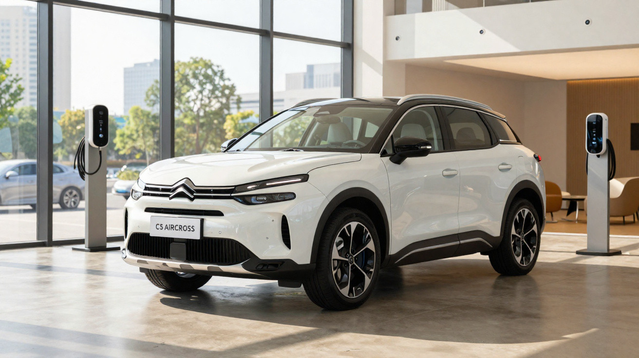 Carro elétrico Citroën C5 Aircross branco em showroom moderno com estações de carregamento.