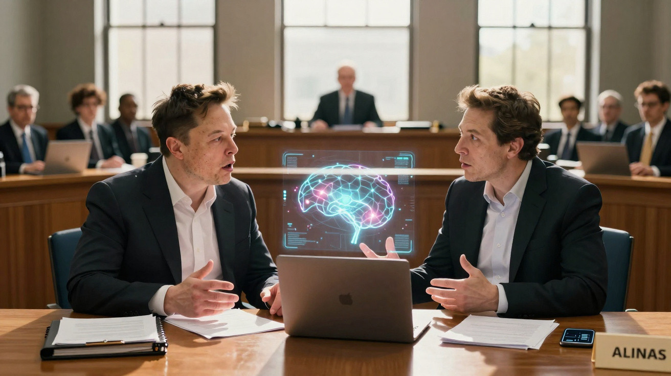 Dois homens em fato discutem dados projetados sobre um cérebro digital numa sala de audiências.