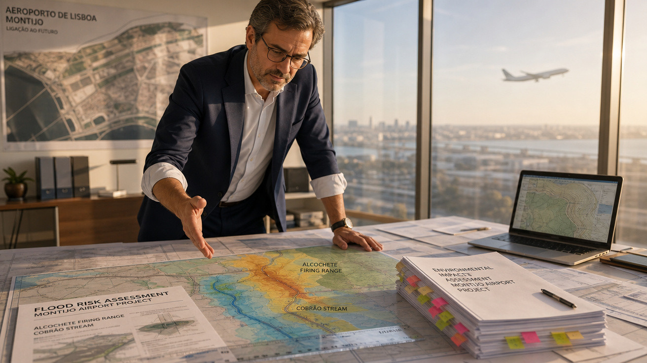 Homem de negócios analisa mapas de avaliação de risco de inundação no aeroporto de Lisboa Montijo com avião a descolar ao fun