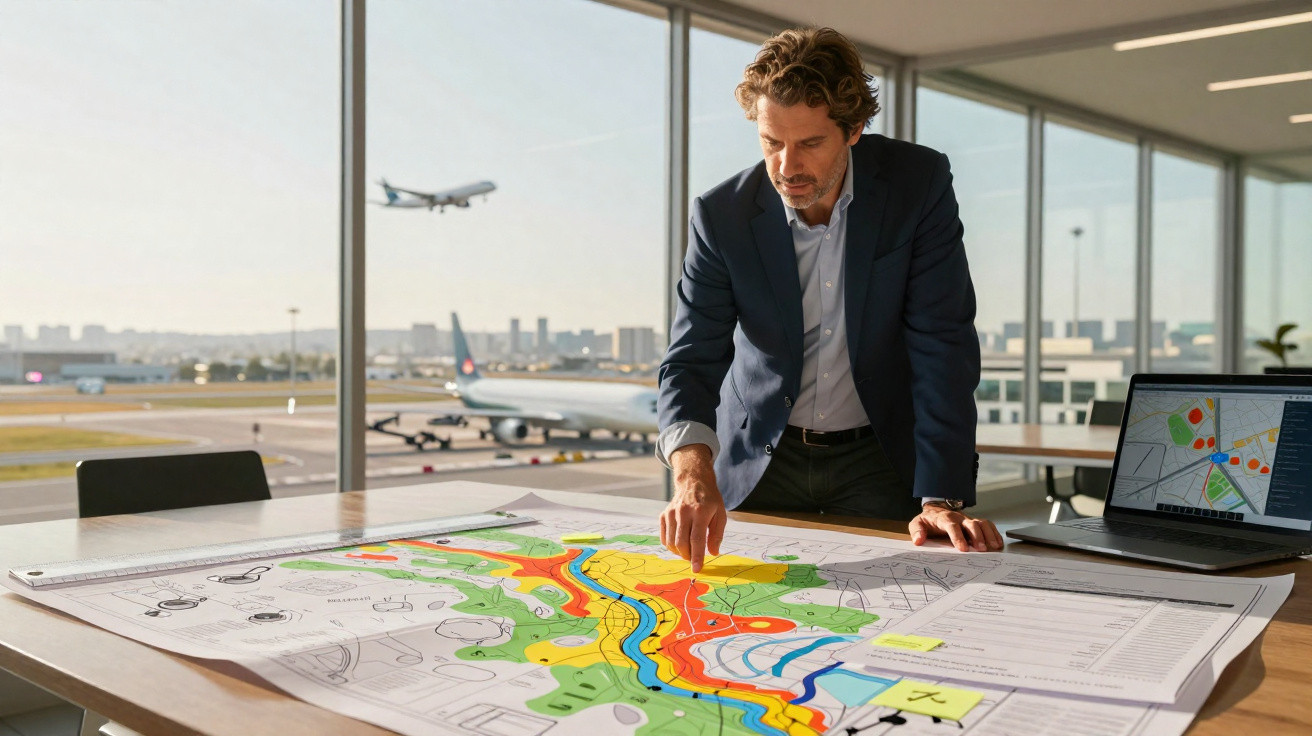 Homem em fato analiza mapa colorido numa mesa com janelas para aeroporto ao fundo.