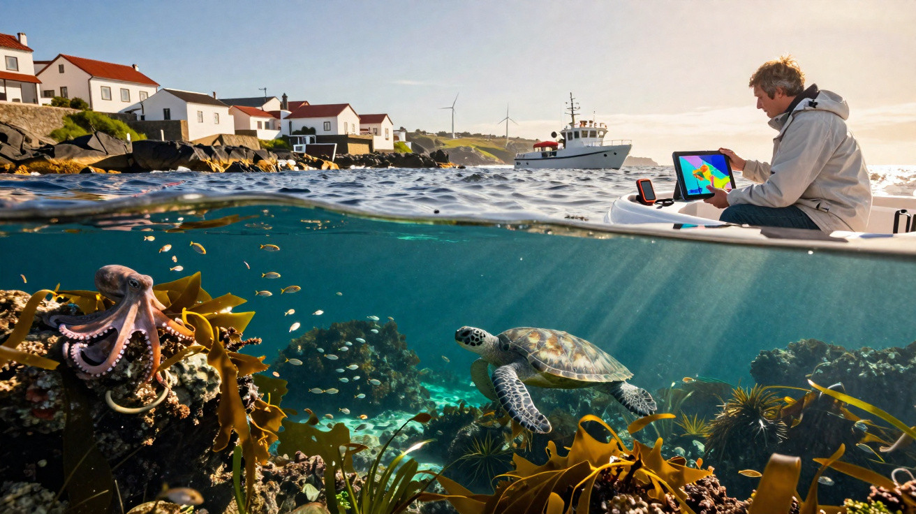 Vista meio subaquática de tartaruga e polvo no mar, com homem num barco a analisar dados num tablet perto da costa.