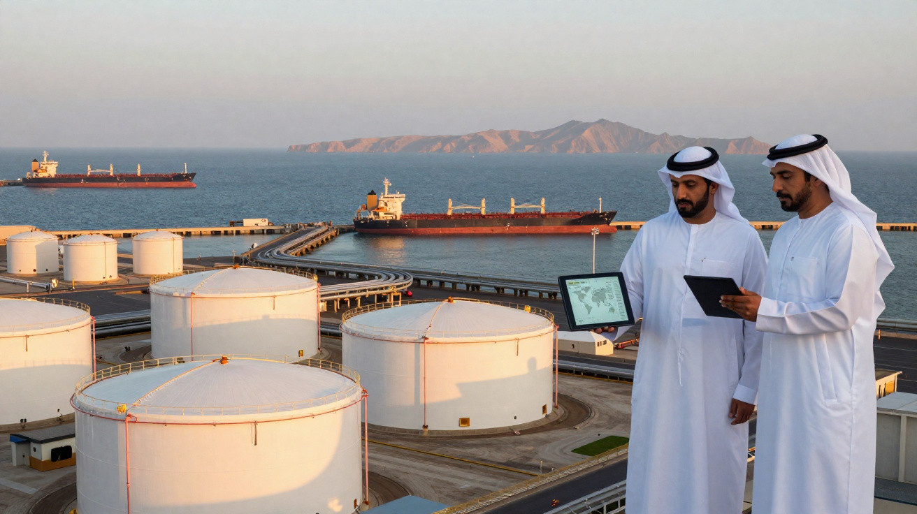 Dois homens árabes em túnica branca consultam tablets numa refinaria de petróleo junto ao mar com navios e ilhas ao fundo.