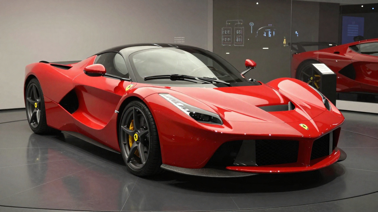 Carro desportivo Ferrari vermelho brilhante exposto num museu com laterais aerodinâmicas e jantes pretas.