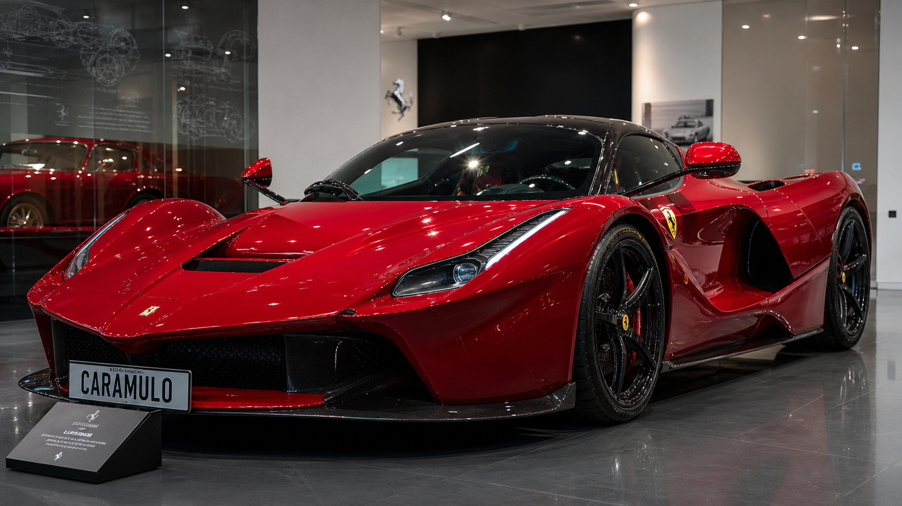 Carro desportivo vermelho Ferrari LaFerrari exposto em sala de museu automobilístico.