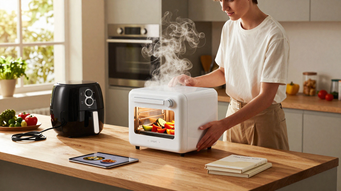 Pessoa a usar forno elétrico branco para cozinhar legumes numa cozinha moderna, com fritadeira de ar na bancada.