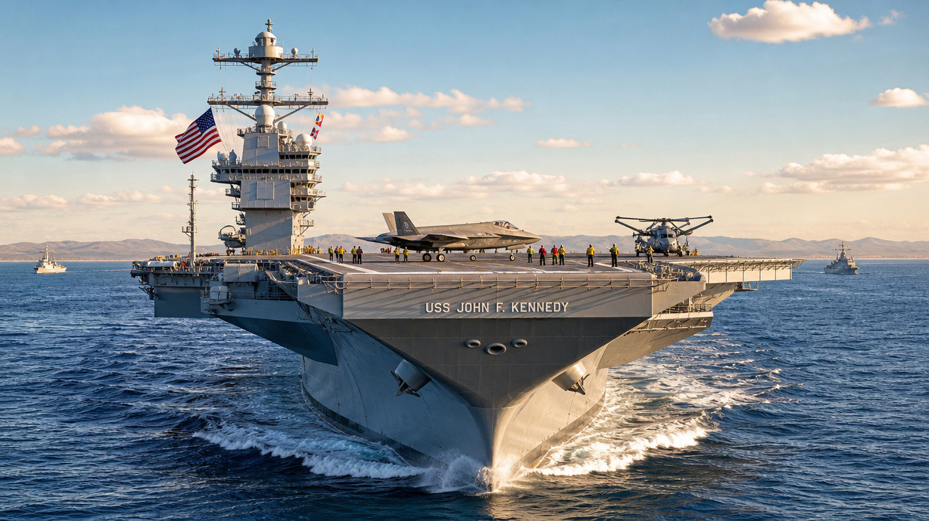 Porta-aviões USS John F. Kennedy em mar aberto com avião F-35 e helicóptero no convés sob céu azul.