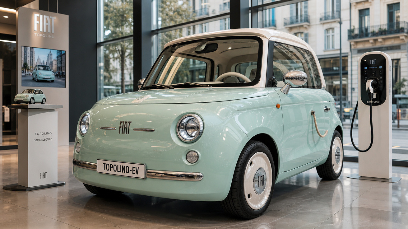 Carro elétrico Fiat Topolino EV verde e branco exposto em showroom com estação de carregamento.