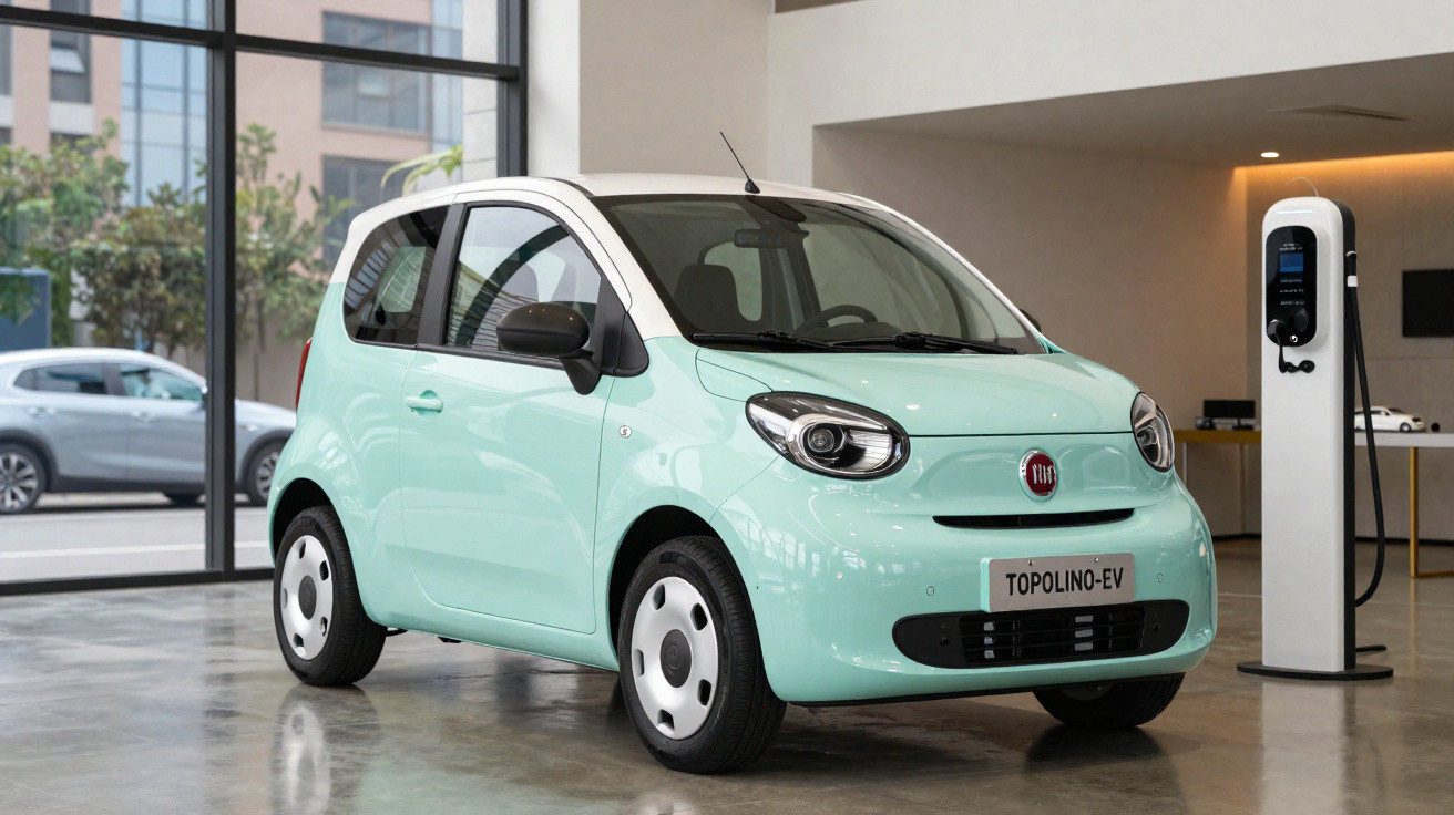 Fiat Topolino elétrico verde água estacionado em interior junto a posto de carregamento.