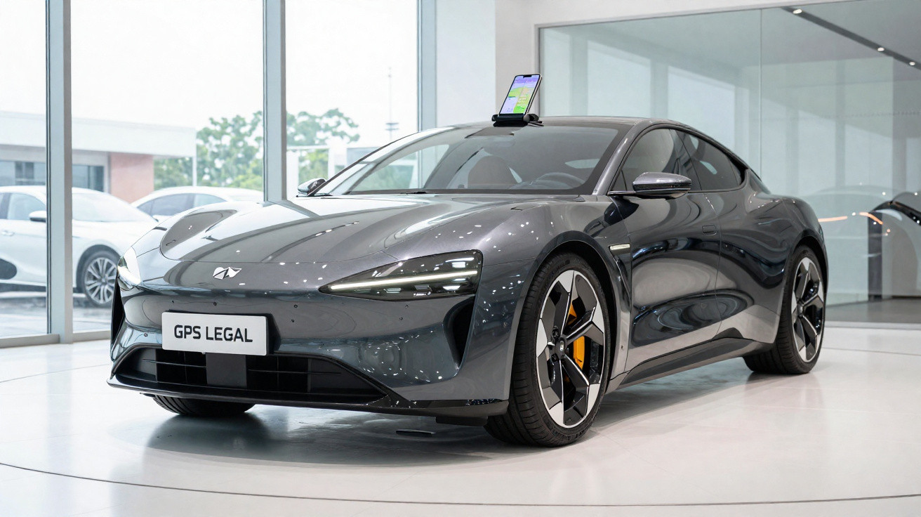 Carro desportivo elétrico cinza estacionado em showroom com placa personalizada GPS LEGAL.
