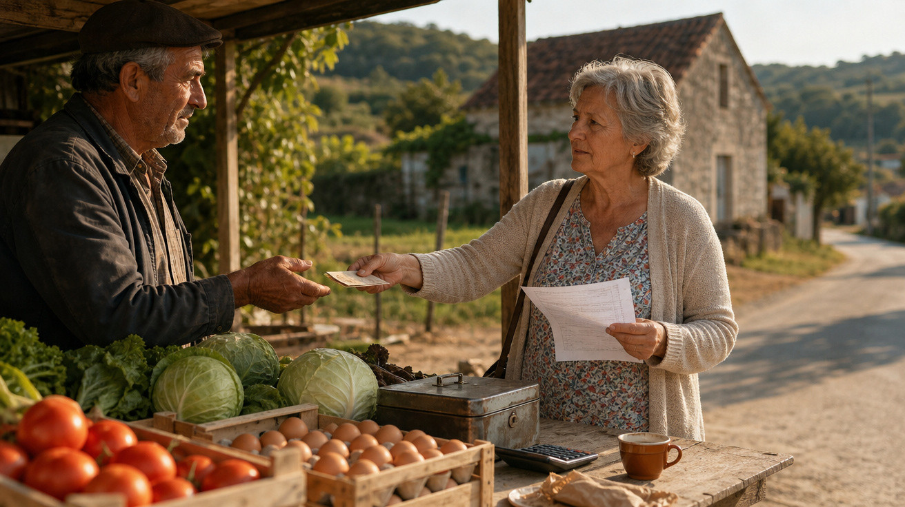 Mulher idosa paga a agricultor por legumes e ovos numa banca ao ar livre numa zona rural.