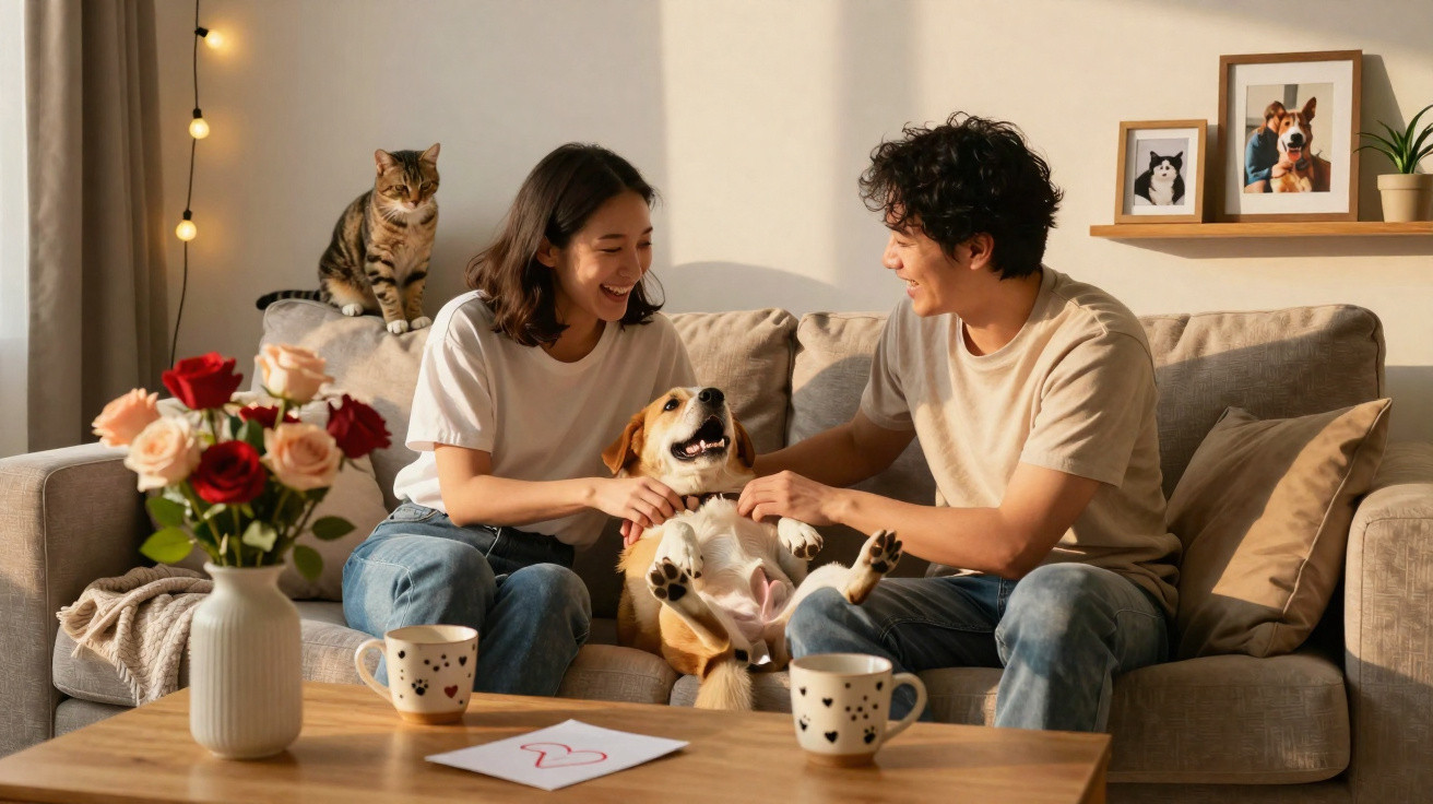 Casal sentado no sofá com cão alegre no colo e gato no encosto, numa sala acolhedora com flores e fotos.