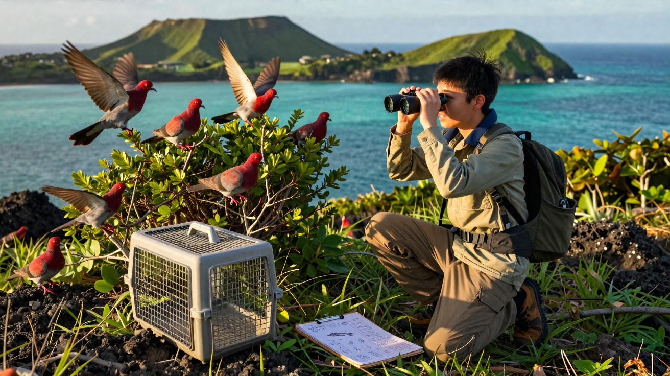 Jovem observador de aves com binóculos e mochila junto a gaiola e pombos vermelhos numa ilha costeira.